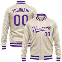 Load image into Gallery viewer, Custom Cream Purple Bomber Full-Snap Varsity Faux Leather Letterman Jacket
