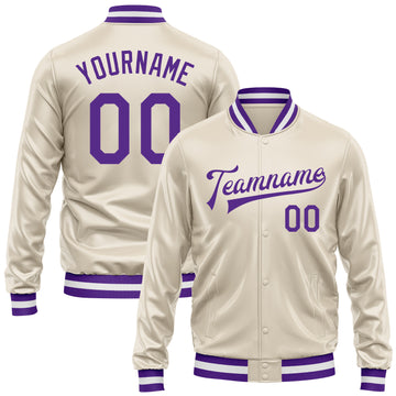 Custom Cream Purple Bomber Full-Snap Varsity Faux Leather Letterman Jacket