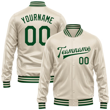Custom Cream Green Bomber Full-Snap Varsity Faux Leather Letterman Jacket