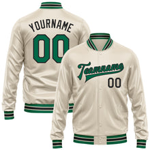 Load image into Gallery viewer, Custom Cream Kelly Green-Black Bomber Full-Snap Varsity Faux Leather Letterman Jacket
