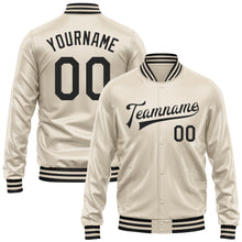 Load image into Gallery viewer, Custom Cream Black Bomber Full-Snap Varsity Faux Leather Letterman Jacket
