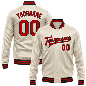 Custom Cream Red-Black Bomber Full-Snap Varsity Faux Leather Letterman Jacket