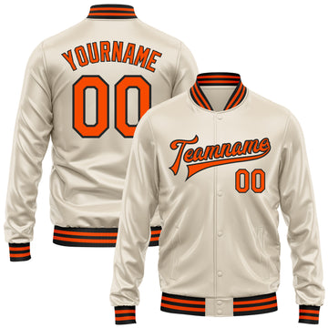 Custom Cream Orange-Black Bomber Full-Snap Varsity Faux Leather Letterman Jacket