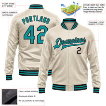 Загрузить изображение в средство просмотра галереи, Custom Cream Teal-Black Bomber Full-Snap Varsity Faux Leather Letterman Jacket
