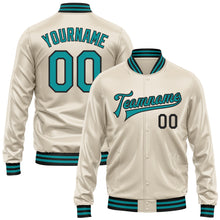 Загрузить изображение в средство просмотра галереи, Custom Cream Teal-Black Bomber Full-Snap Varsity Faux Leather Letterman Jacket
