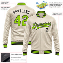 Load image into Gallery viewer, Custom Cream Neon Green-Black Bomber Full-Snap Varsity Faux Leather Letterman Jacket
