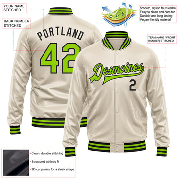 Custom Cream Neon Green-Black Bomber Full-Snap Varsity Faux Leather Letterman Jacket