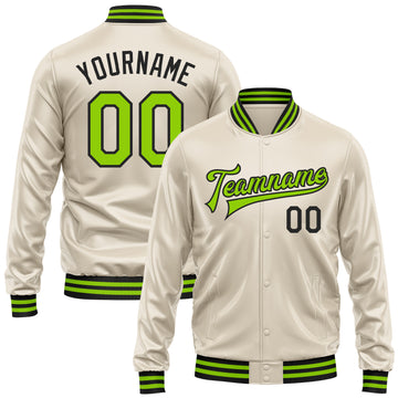Custom Cream Neon Green-Black Bomber Full-Snap Varsity Faux Leather Letterman Jacket