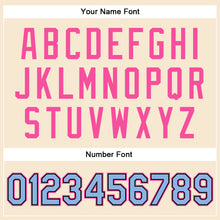 Load image into Gallery viewer, Custom Cream Light Blue Pink-Black Bomber Full-Snap Varsity Faux Leather Letterman Jacket
