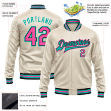 Load image into Gallery viewer, Custom Cream Pink Aqua-Black Bomber Full-Snap Varsity Faux Leather Letterman Jacket
