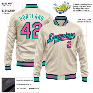 Custom Cream Pink Aqua-Black Bomber Full-Snap Varsity Faux Leather Letterman Jacket