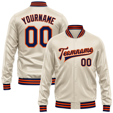 Custom Cream Navy-Orange Bomber Full-Snap Varsity Faux Leather Letterman Jacket