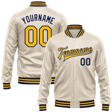 Custom Cream Gold-Navy Bomber Full-Snap Varsity Faux Leather Letterman Jacket