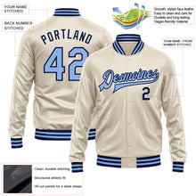 Load image into Gallery viewer, Custom Cream Light Blue-Navy Bomber Full-Snap Varsity Faux Leather Letterman Jacket

