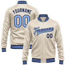Load image into Gallery viewer, Custom Cream Light Blue-Navy Bomber Full-Snap Varsity Faux Leather Letterman Jacket
