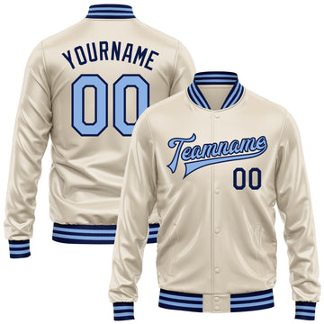 Custom Cream Light Blue-Navy Bomber Full-Snap Varsity Faux Leather Letterman Jacket