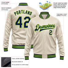 Load image into Gallery viewer, Custom Cream Navy-Neon Green Bomber Full-Snap Varsity Faux Leather Letterman Jacket
