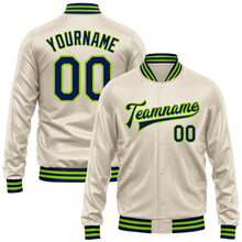 Load image into Gallery viewer, Custom Cream Navy-Neon Green Bomber Full-Snap Varsity Faux Leather Letterman Jacket
