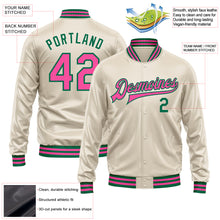 Load image into Gallery viewer, Custom Cream Pink-Kelly Green Bomber Full-Snap Varsity Faux Leather Letterman Jacket
