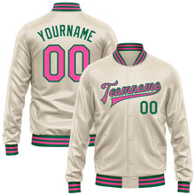 Load image into Gallery viewer, Custom Cream Pink-Kelly Green Bomber Full-Snap Varsity Faux Leather Letterman Jacket
