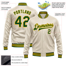 Load image into Gallery viewer, Custom Cream Green-Gold Bomber Full-Snap Varsity Faux Leather Letterman Jacket
