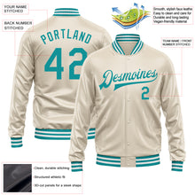 Load image into Gallery viewer, Custom Cream Teal Bomber Full-Snap Varsity Faux Leather Letterman Jacket
