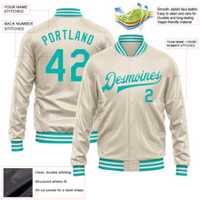 Load image into Gallery viewer, Custom Cream Aqua Bomber Full-Snap Varsity Faux Leather Letterman Jacket
