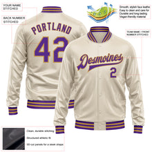 Load image into Gallery viewer, Custom Cream Purple-Old Gold Bomber Full-Snap Varsity Faux Leather Letterman Jacket
