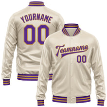 Load image into Gallery viewer, Custom Cream Purple-Old Gold Bomber Full-Snap Varsity Faux Leather Letterman Jacket
