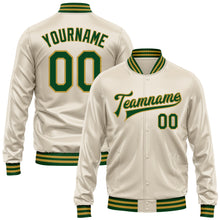 Load image into Gallery viewer, Custom Cream Green-Old Gold Bomber Full-Snap Varsity Faux Leather Letterman Jacket
