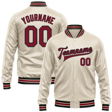 Load image into Gallery viewer, Custom Cream Crimson-Black Bomber Full-Snap Varsity Faux Leather Letterman Jacket
