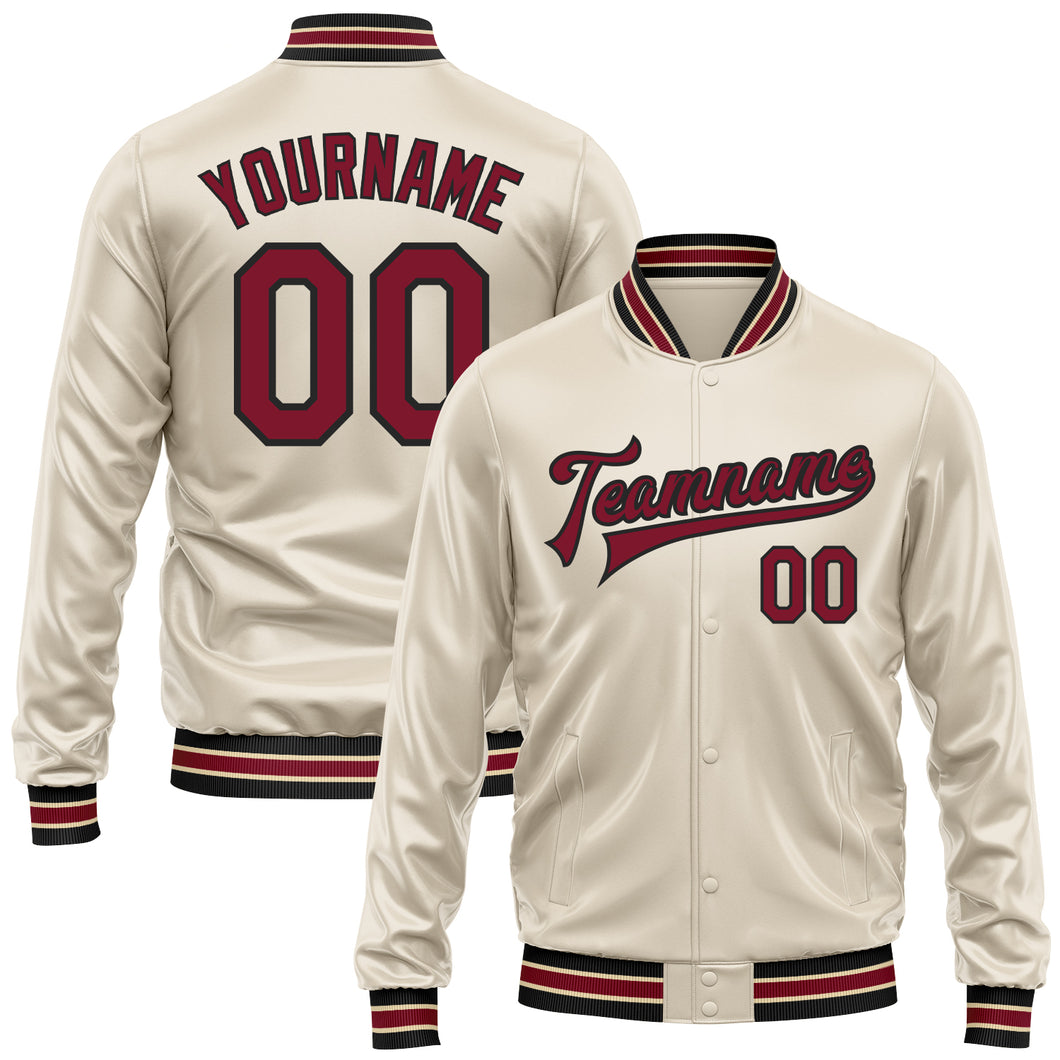 Custom Cream Crimson-Black Bomber Full-Snap Varsity Faux Leather Letterman Jacket