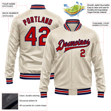 Custom Cream Red-Navy Bomber Full-Snap Varsity Faux Leather Letterman Jacket