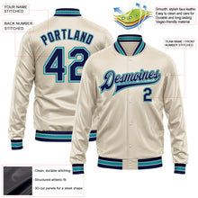 Load image into Gallery viewer, Custom Cream Navy Teal-Gray Bomber Full-Snap Varsity Faux Leather Letterman Jacket
