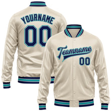 Load image into Gallery viewer, Custom Cream Navy Teal-Gray Bomber Full-Snap Varsity Faux Leather Letterman Jacket
