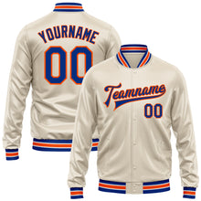 Load image into Gallery viewer, Custom Cream Royal-Orange Bomber Full-Snap Varsity Faux Leather Letterman Jacket
