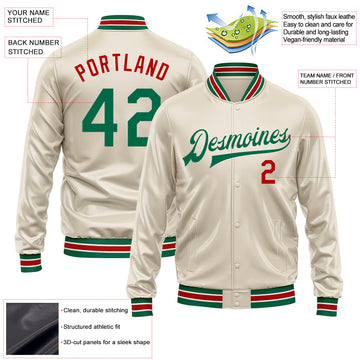 Custom Cream Kelly Green-Red Bomber Full-Snap Varsity Faux Leather Letterman Jacket