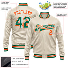 Load image into Gallery viewer, Custom Cream Kelly Green-Orange Bomber Full-Snap Varsity Faux Leather Letterman Jacket
