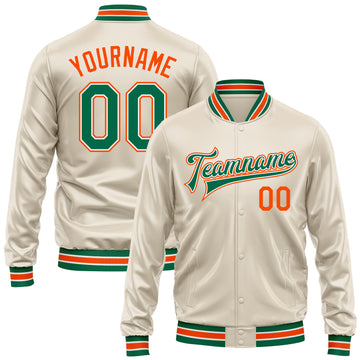 Custom Cream Kelly Green-Orange Bomber Full-Snap Varsity Faux Leather Letterman Jacket