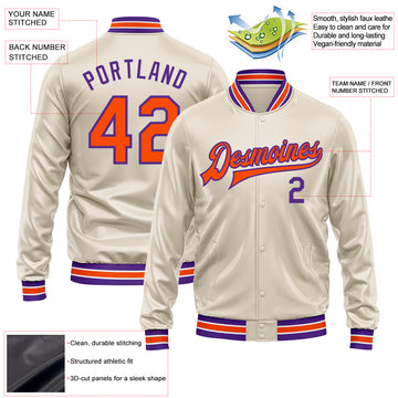 Custom Cream Orange-Purple Bomber Full-Snap Varsity Faux Leather Letterman Jacket