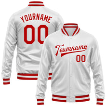 Load image into Gallery viewer, Custom White Red Bomber Full-Snap Varsity Faux Leather Letterman Jacket
