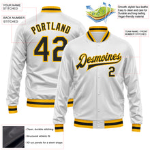 Load image into Gallery viewer, Custom White Black-Gold Bomber Full-Snap Varsity Faux Leather Letterman Jacket
