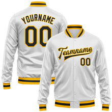 Load image into Gallery viewer, Custom White Black-Gold Bomber Full-Snap Varsity Faux Leather Letterman Jacket
