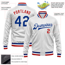 Load image into Gallery viewer, Custom White Royal-Red Bomber Full-Snap Varsity Faux Leather Letterman Jacket

