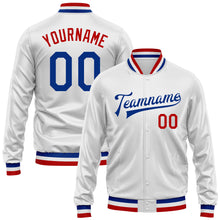 Load image into Gallery viewer, Custom White Royal-Red Bomber Full-Snap Varsity Faux Leather Letterman Jacket
