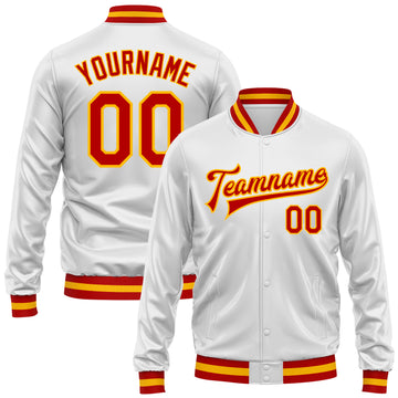 Custom White Red-Gold Bomber Full-Snap Varsity Faux Leather Letterman Jacket