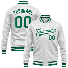 Charger l&#39;image dans la galerie, Custom White Kelly Green Bomber Full-Snap Varsity Faux Leather Letterman Jacket
