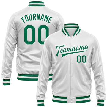 Custom White Kelly Green Bomber Full-Snap Varsity Faux Leather Letterman Jacket