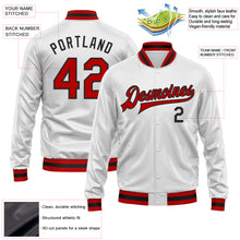 Load image into Gallery viewer, Custom White Red-Black Bomber Full-Snap Varsity Faux Leather Letterman Jacket
