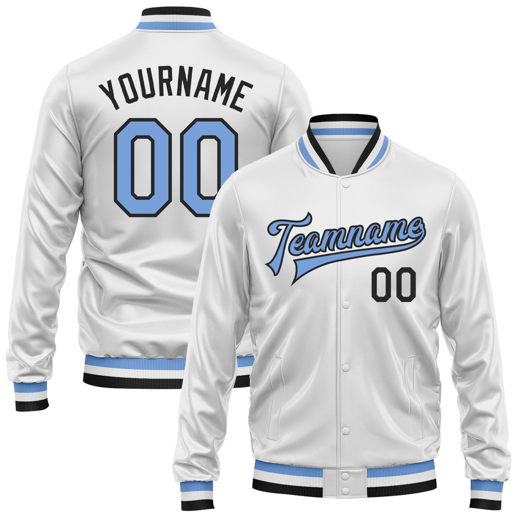 Custom White Light Blue-Black Bomber Full-Snap Varsity Faux Leather Letterman Jacket